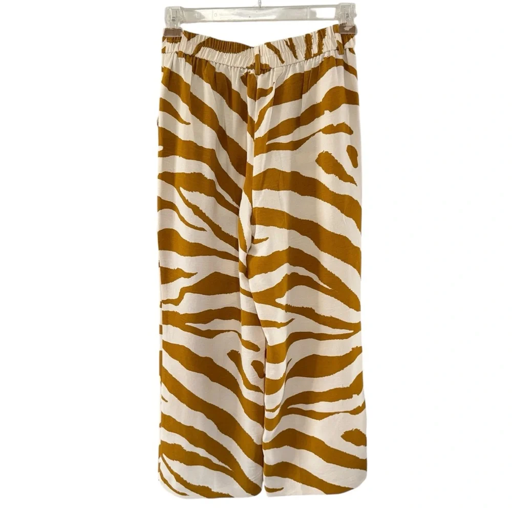 C by One Wide-Leg Animal Print Culotte Crop Pants Cream Brown Tiger Small - Picture 2 of 13